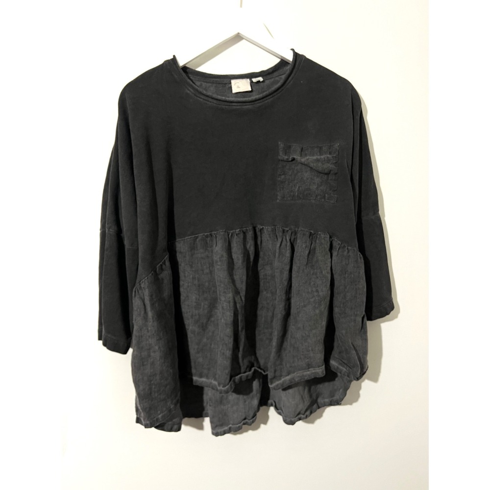 ANTHROPOLOGIE POSTCARD Black Acid Washed Oversized Cotton‎ Top Size L